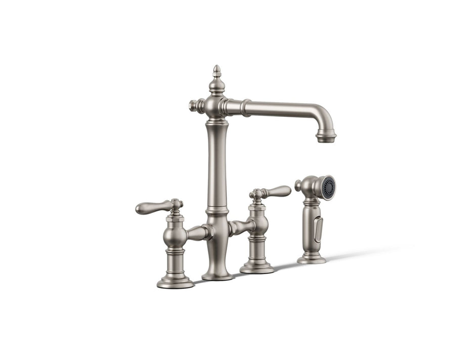 KOHLER K-76519-4 Artifacts Three-hole bridge kitchen sink faucet with side sprayer