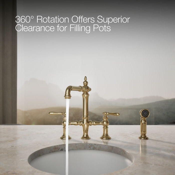Kohler Artifacts Three-hole bridge bar sink faucet with side sprayer