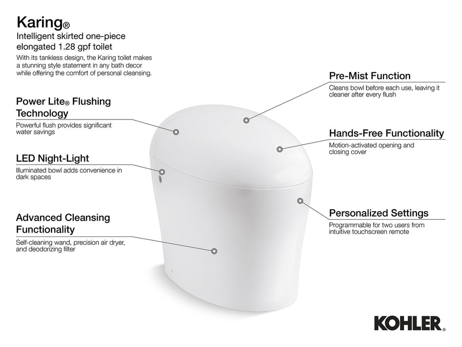 KOHLER K-77780 Karing One-piece Elongated Smart Toilet, 1.08 GPF