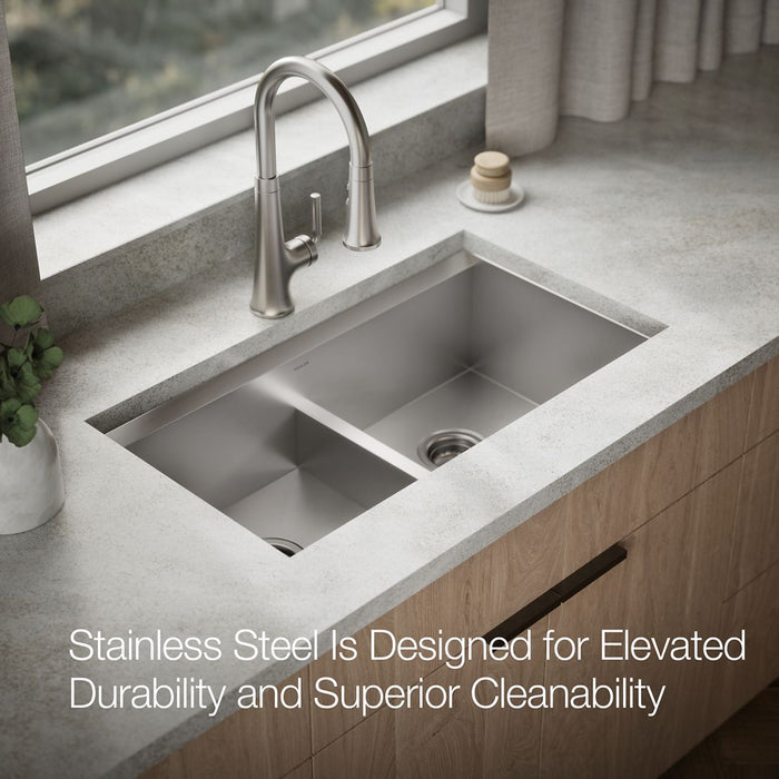 KOHLER K-80085-1PC Task Smart Divide 33" top-/undermount double-bowl workstation kitchen sink
