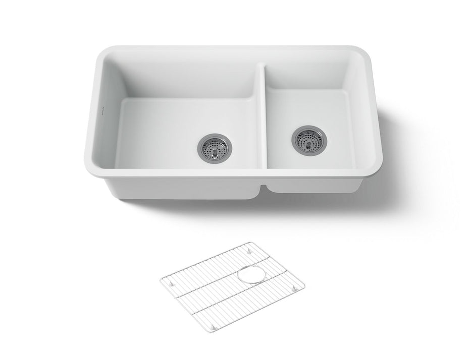 KOHLER K-8204 Cairn 33-1/2" undermount double-bowl kitchen sink, matte white
