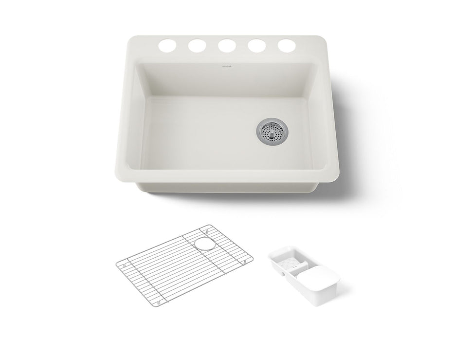 KOHLER K-8668-5UA2 Riverby 27" undermount single-bowl workstation kitchen sink, biscuit