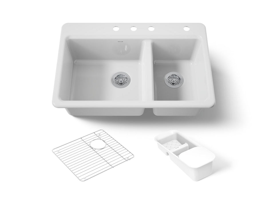 KOHLER K-8669-4A2 Riverby 33" top-mount double-bowl workstation kitchen sink, white