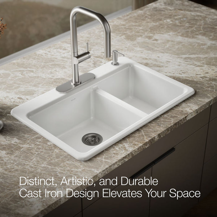 KOHLER K-8669-4A2 Riverby 33" top-mount double-bowl workstation kitchen sink, white - view 4