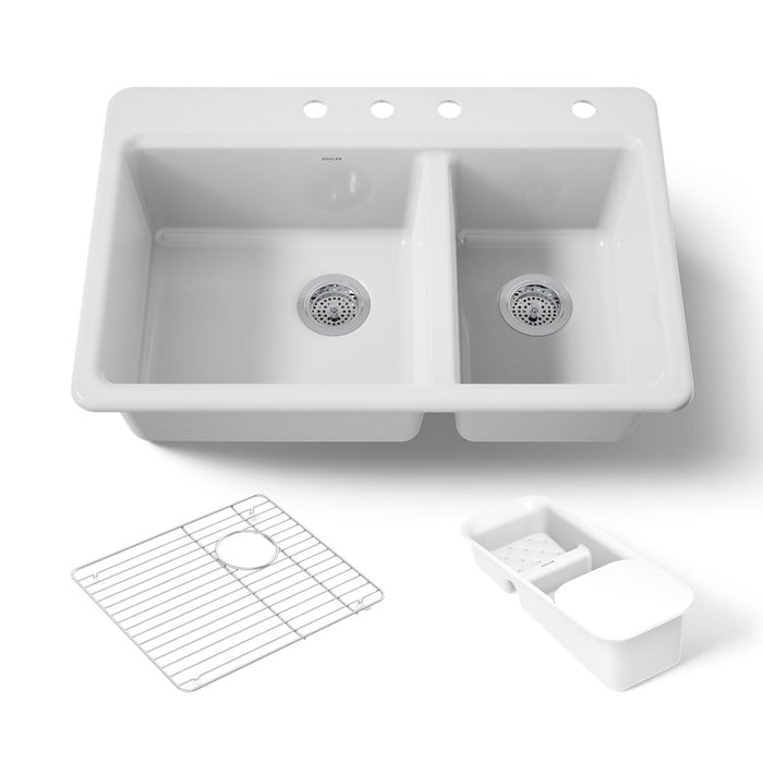KOHLER K-8669-4A2 Riverby 33" top-mount double-bowl workstation kitchen sink, white - view 5