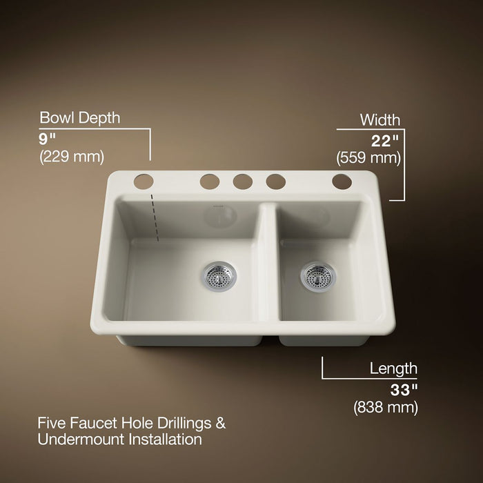 KOHLER K-8669-5UA1 Riverby 33" undermount double-bowl kitchen sink