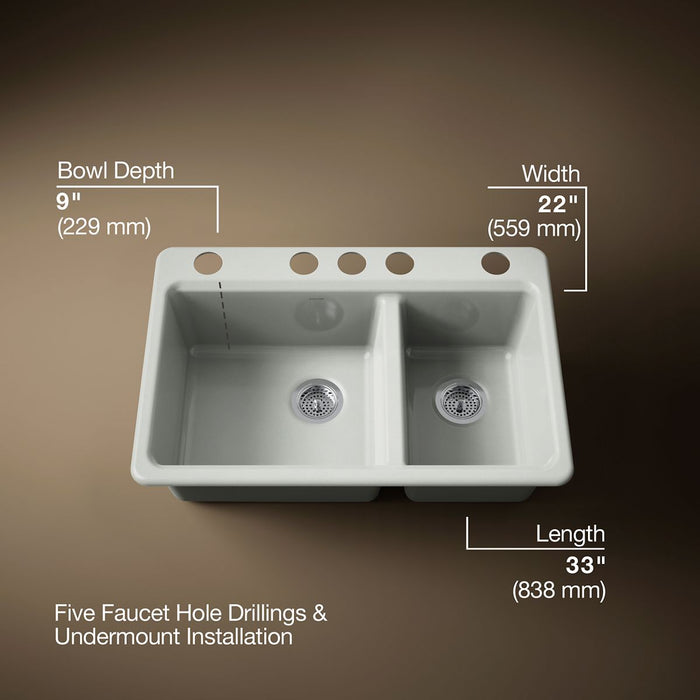KOHLER K-8669-5UA1 Riverby 33" undermount double-bowl kitchen sink