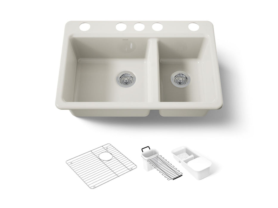 KOHLER K-8669-5UA3 Riverby 33" undermount double-bowl workstation kitchen sink, biscuit