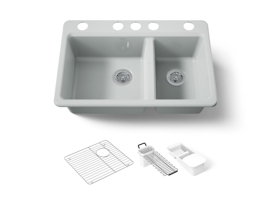 KOHLER K-8669-5UA3 Riverby 33" undermount double-bowl workstation kitchen sink, ice grey