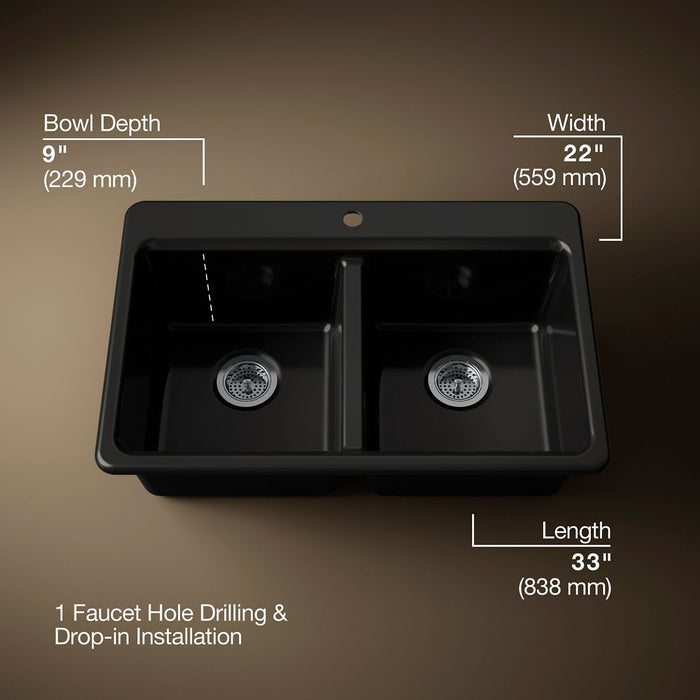 KOHLER K-8679-1A1 Riverby 33" top-mount double-bowl kitchen sink