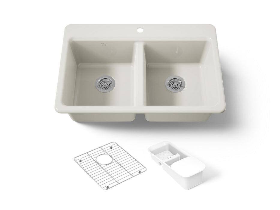 KOHLER K-8679-1A2 Riverby 33" top-mount double-bowl workstation kitchen sink, biscuit