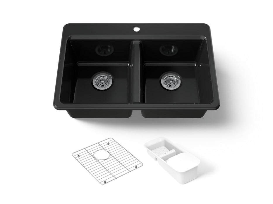KOHLER K-8679-1A2 Riverby 33" top-mount double-bowl workstation kitchen sink, black black