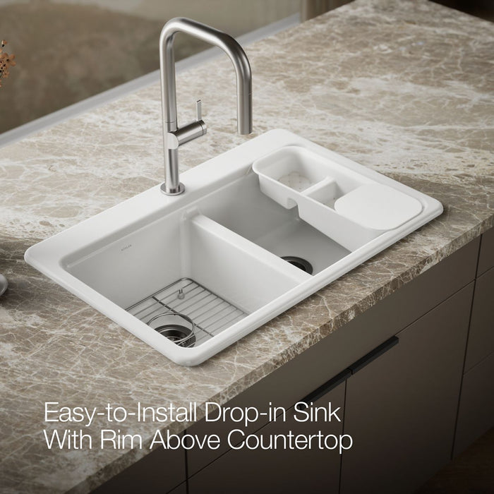 KOHLER K-8679-1A2 Riverby 33" top-mount double-bowl workstation kitchen sink, white - view 3