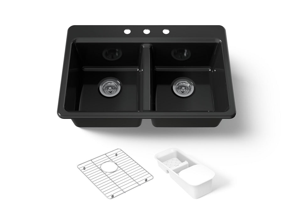 KOHLER K-8679-3A2 Riverby 33" top-mount double-bowl workstation kitchen sink, black black