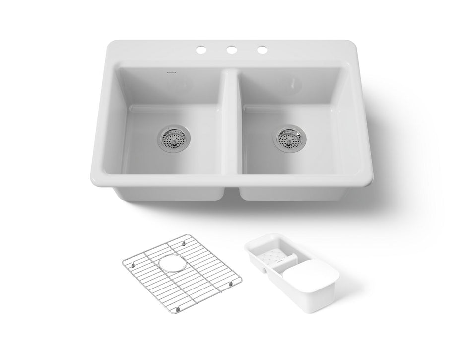 KOHLER K-8679-3A2 Riverby 33" top-mount double-bowl workstation kitchen sink, white