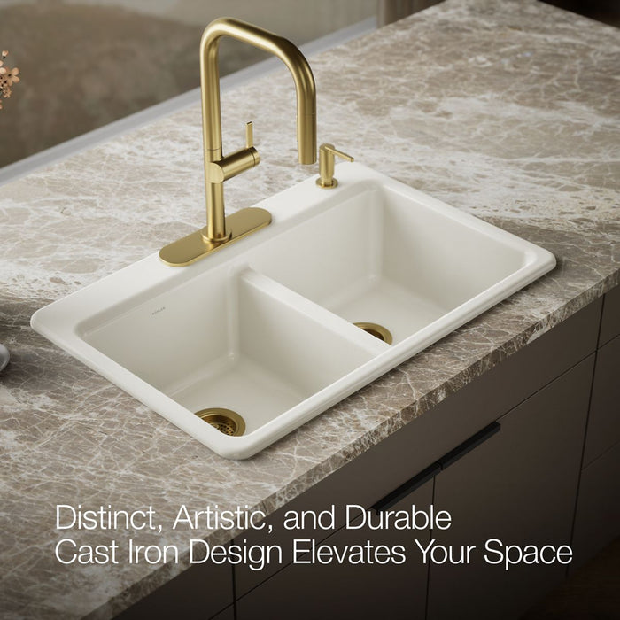 KOHLER K-8679-4A2 Riverby 33" top-mount double-bowl workstation kitchen sink, biscuit - view 3
