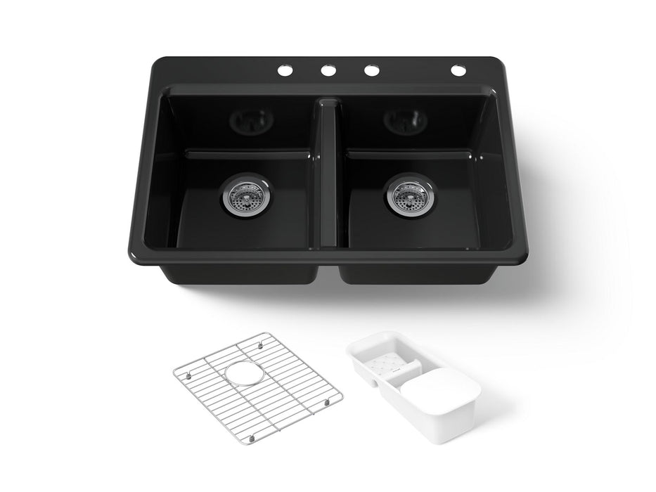KOHLER K-8679-4A2 Riverby 33" top-mount double-bowl workstation kitchen sink, black black