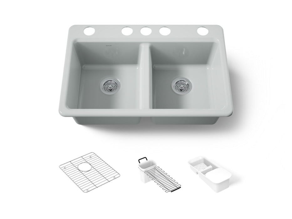KOHLER K-8679-5UA3 Riverby 33" undermount double-bowl workstation kitchen sink, ice grey
