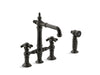 KOHLER K-76520-3M Artifacts Deck-mount bridge bar sink faucet with prong handles and sidespray