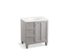 KOHLER K-99517-LGL-1WT Damask 30" bathroom vanity cabinet with furniture legs, 1 door and 3 drawers on left