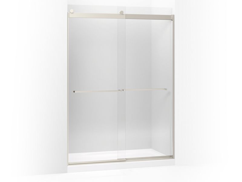 KOHLER 706019-L-NX Levity Sliding Shower Door, 82" H X 56-5/8 - 59-5/8" W, With 3/8" Thick Crystal Clear Glass And Square Towel Bar in Brushed Nickel