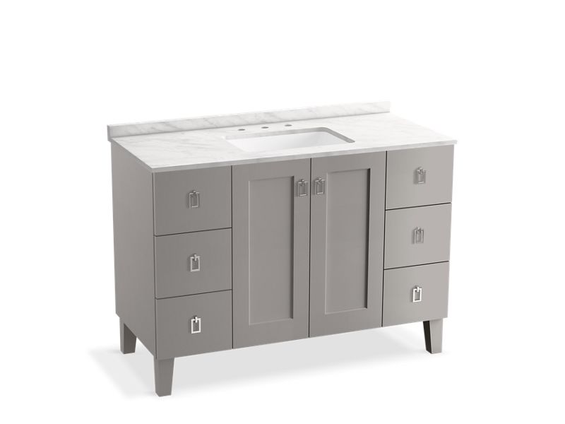 KOHLER K-99535-LGSD-1WT Poplin 48" bathroom vanity cabinet with legs, 2 doors and 6 drawers, split top drawers