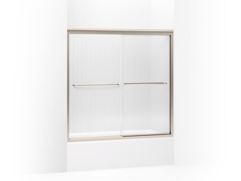 KOHLER 702200-G54-ABV Fluence Sliding Bath Door, 58-5/16" H X 56-5/8 - 59-5/8" W, With 1/4" Thick Falling Lines Glass in Anodized Brushed Bronze