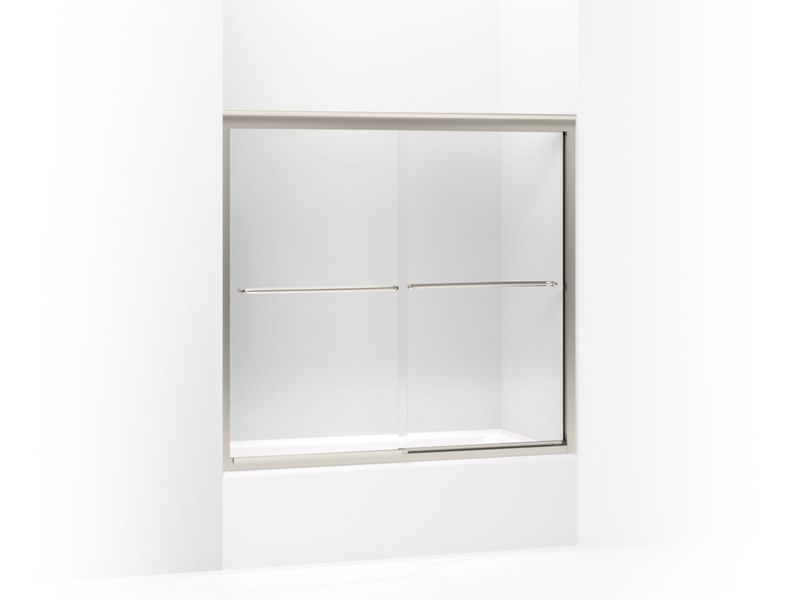 KOHLER 702204-L-MX Fluence Sliding Bath Door, 55-3/4" H X 56-5/8 - 59-5/8" W, With 1/4" Thick Crystal Clear Glass in Matte Nickel