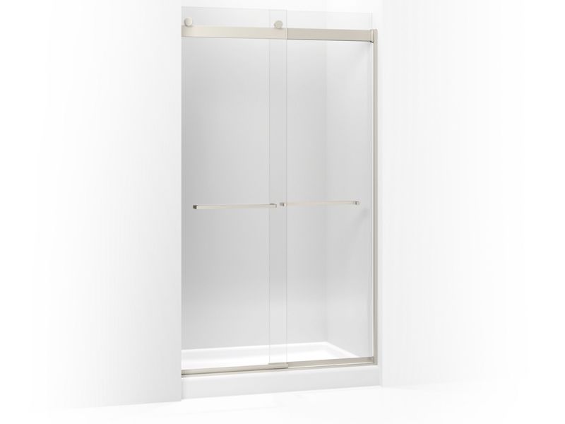 KOHLER 706017-L-NX Levity Sliding Shower Door, 82" H X 44-5/8 - 47-5/8" W, With 3/8" Thick Crystal Clear Glass And Square Towel Bar in Brushed Nickel