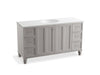 KOHLER K-99523-LGSD-1WT Damask 60" bathroom vanity cabinet with furniture legs, 2 doors and 6 drawers, split top drawers
