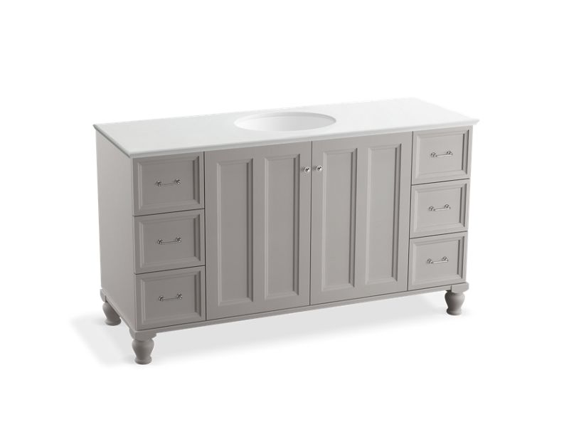 KOHLER K-99523-LGSD-1WT Damask 60" bathroom vanity cabinet with furniture legs, 2 doors and 6 drawers, split top drawers
