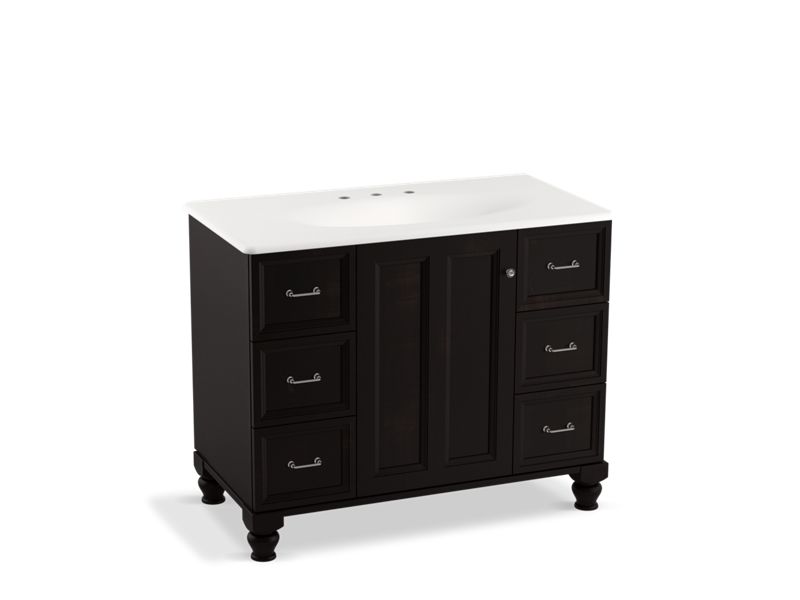KOHLER K-99563-LG-1WU Damask 42" bathroom vanity cabinet with furniture legs, 1 door and 6 drawers