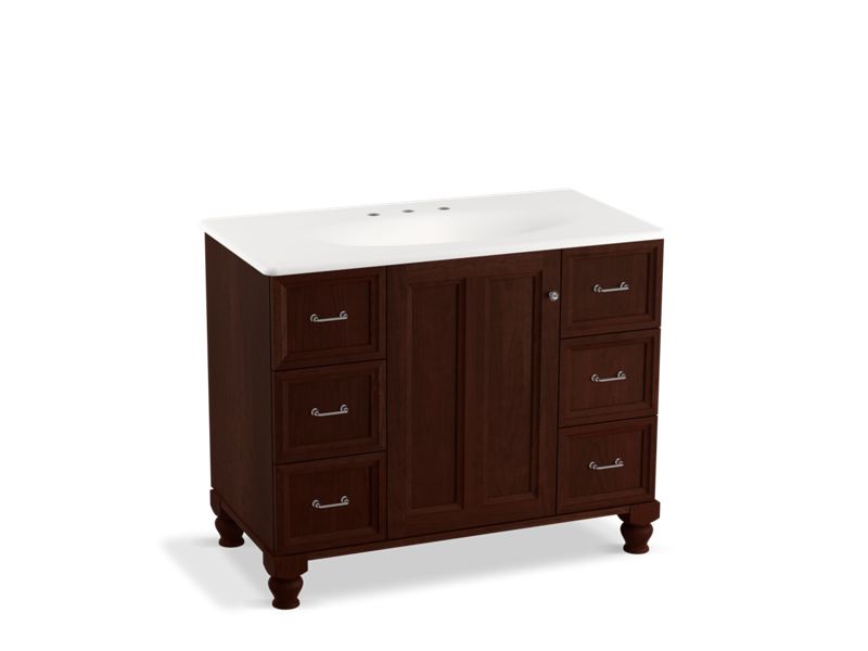 KOHLER K-99563-LG-1WG Damask 42" bathroom vanity cabinet with furniture legs, 1 door and 6 drawers