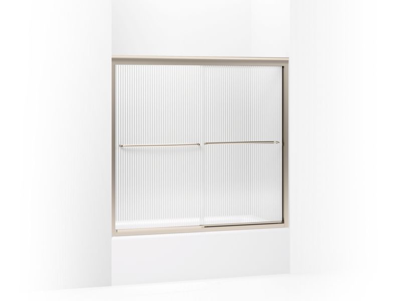KOHLER 702202-G54-ABV Fluence Sliding Bath Door, 55-3/4" H X 54 - 57" W, With 1/4" Thick Falling Lines Glass in Anodized Brushed Bronze