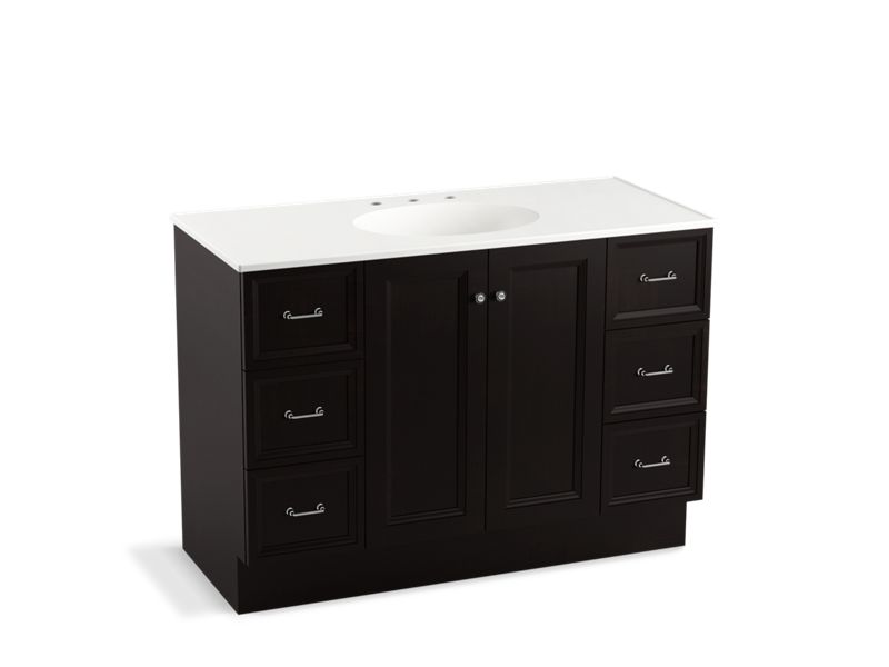 KOHLER K-99522-TKSD-1WU Damask 48" bathroom vanity cabinet with toe kick, 2 doors and 6 drawers, split top drawers