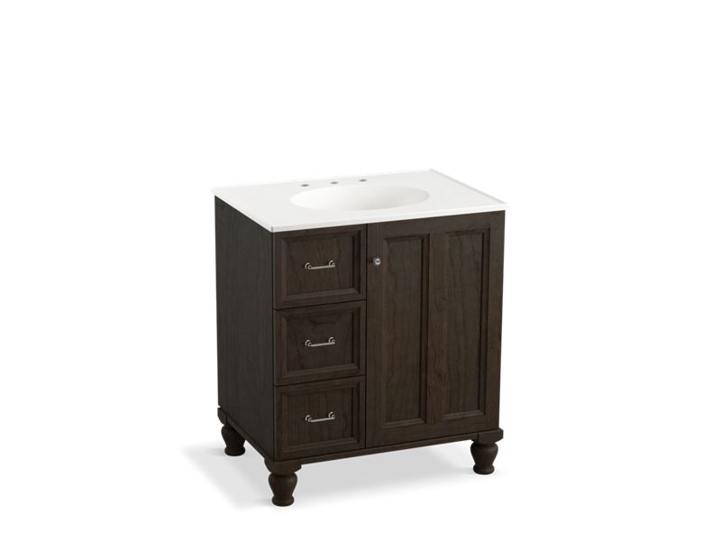 KOHLER K-99517-LGL-1WC Damask 30" bathroom vanity cabinet with furniture legs, 1 door and 3 drawers on left