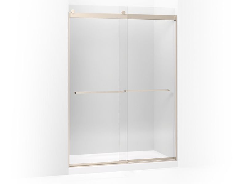 KOHLER 706019-L-ABV Levity Sliding Shower Door, 82" H X 56-5/8 - 59-5/8" W, With 3/8" Thick Crystal Clear Glass And Square Towel Bar in Anodized Brushed Bronze