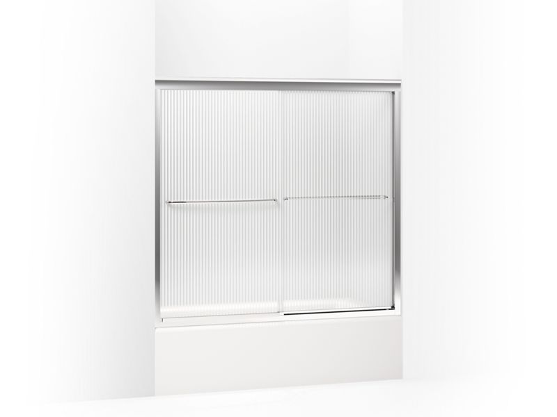 KOHLER 702202-G54-SHP Fluence Sliding Bath Door, 55-3/4" H X 54 - 57" W, With 1/4" Thick Falling Lines Glass in Bright Polished Silver
