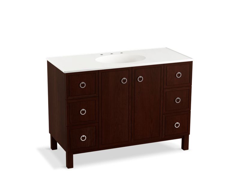 KOHLER K-99509-LGSD-1WG Jacquard 48" bathroom vanity cabinet with furniture legs, 2 doors and 6 drawers, split top drawers