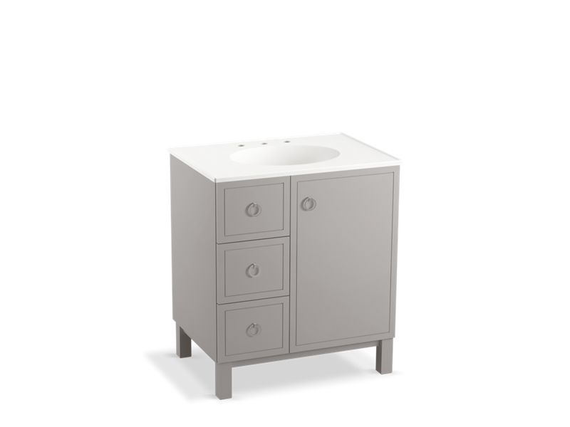 KOHLER K-99504-LGL-1WT Jacquard 30" bathroom vanity cabinet with furniture legs, 1 door and 3 drawers on left