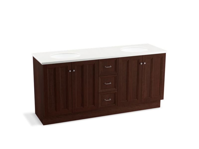 KOHLER K-99525-TKSD-1WG Damask 72" bathroom vanity cabinet with toe kick, 4 doors and 3 drawers, split top drawer