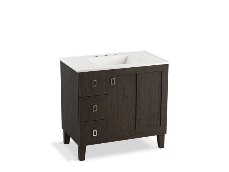 KOHLER K-99533-LGL-1WC Poplin 36" bathroom vanity cabinet with legs, 1 door and 3 drawers on left