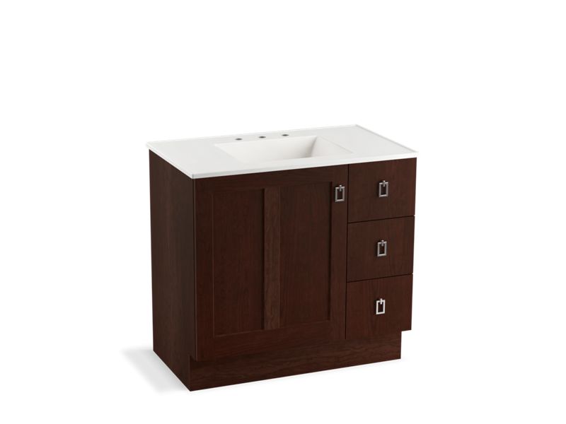 KOHLER K-99533-TKR-1WG Poplin 36" bathroom vanity cabinet with toe kick, 1 door and 3 drawers on right