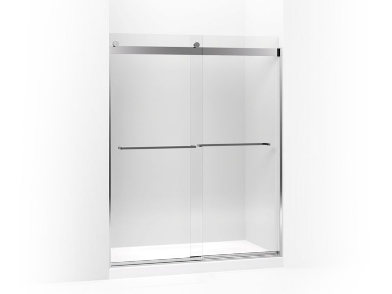 KOHLER 706018-L-SHP Levity Sliding Shower Door, 74" H X 56-5/8 - 59-5/8" W, With 3/8" Thick Crystal Clear Glass And Square Towel Bar in Bright Polished Silver