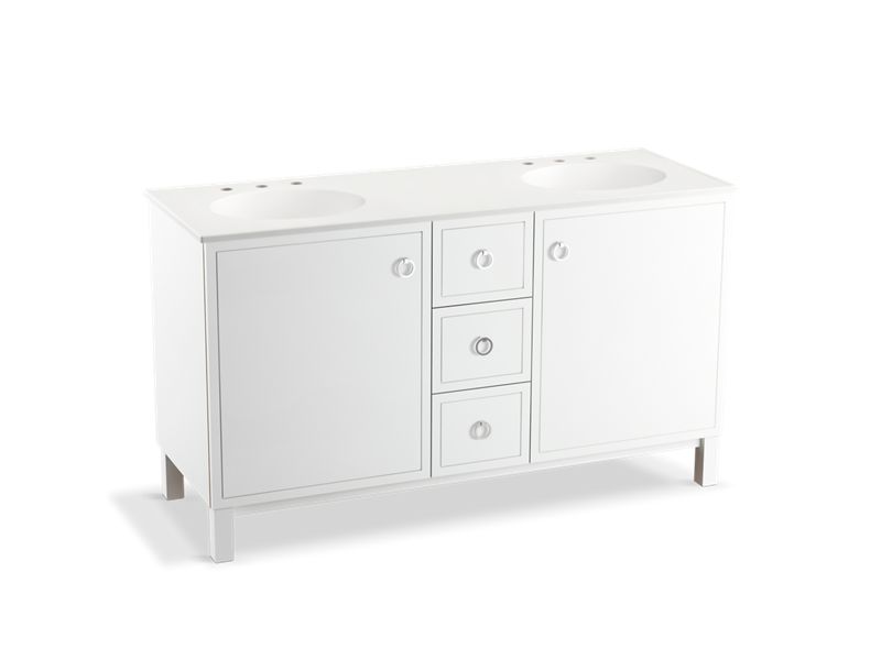 KOHLER K-99511-LGSD-1WA Jacquard 60" bathroom vanity cabinet with furniture legs, 2 doors and 3 drawers, split top drawer