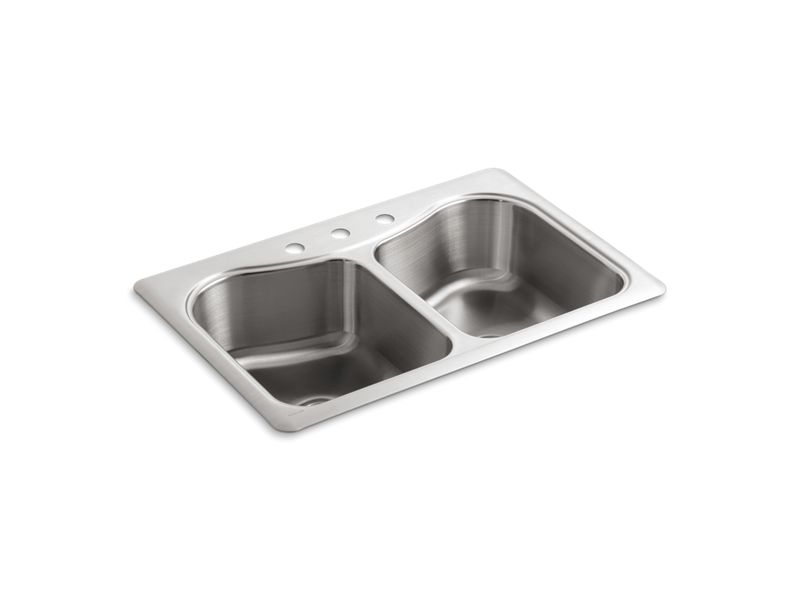 KOHLER K-3369-3 Staccato 33" x 22" x 8-5/16" top-mount double-equal bowl kitchen sink with 3 faucet holes