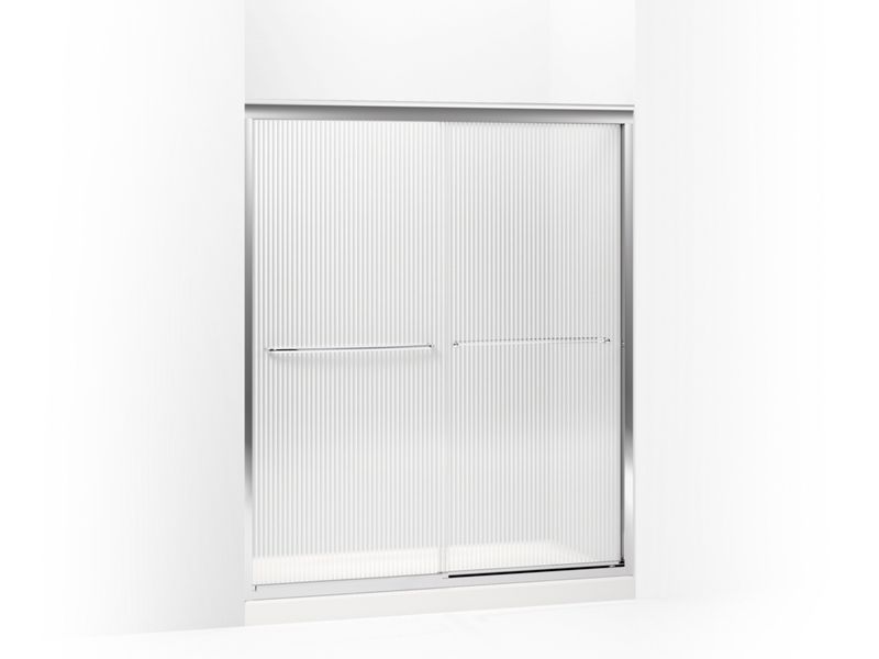 KOHLER 702206-G54-SHP Fluence Sliding Shower Door, 70-5/16" H X 56-5/8 - 59-5/8" W, With 1/4" Thick Falling Lines Glass in Bright Polished Silver