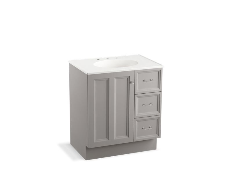 KOHLER K-99517-TKR-1WT Damask 30" bathroom vanity cabinet with toe kick, 1 door and 3 drawers on right