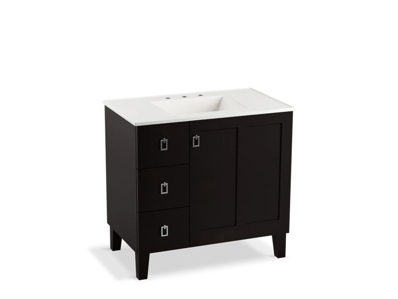 KOHLER K-99533-LGL-1WU Poplin 36" bathroom vanity cabinet with legs, 1 door and 3 drawers on left