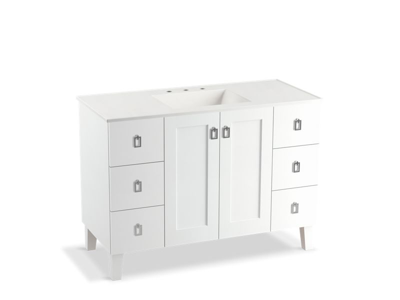 KOHLER K-99535-LGSD-1WA Poplin 48" bathroom vanity cabinet with legs, 2 doors and 6 drawers, split top drawers